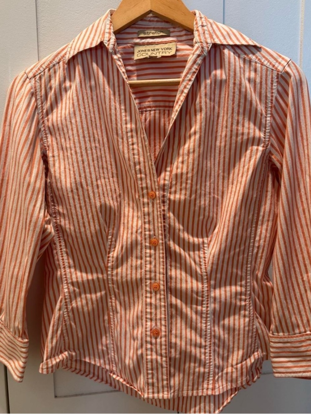 Jones New York Striped Orange and White Button-Up Shirt